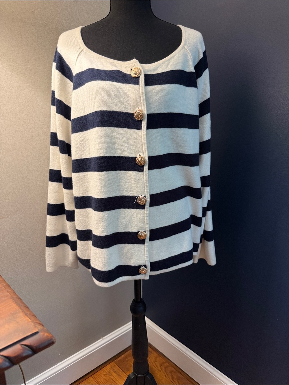Talbots Plus 2X Navy Ivory Striped Nautical Cardigan Gold Crest Buttons